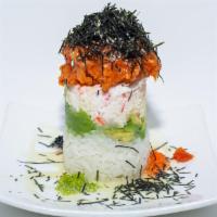 Salmon Tower · Spicy salmon, sushi rice, avocado, crabmeat, fish egg, seaweed, wasabi sauce.