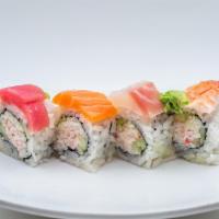 Rainbow Roll (8Pcs) · Crabmeat, avocado, and cucumber topped with tuna, salmon, snapper, shrimp and avocado