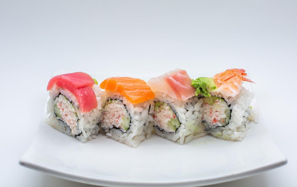 Rainbow Roll (8Pcs) · Crabmeat, avocado, and cucumber topped with tuna, salmon, snapper, shrimp and avocado