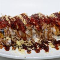 Hungry Roll (8Pcs) · Shrimp tempura, avocado, and cucumber topped with spicy tuna and crunch