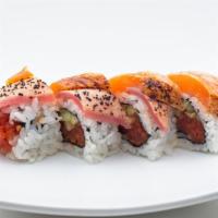 Crazy Roll (8Pcs) · Spicy tuna and cucumber topped with seared pepper salmon and seared pepper tuna