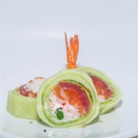 Tokyo Flower Roll (6Pcs) · Tuna, salmon, snapper, shrimp, crabstick, and asparagus, wrapped in cucumber