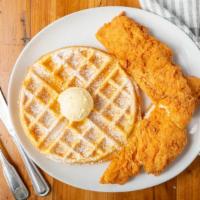 Chicken And Waffles · Freshly made waffles topped with butter, served with lightly battered signature crispy fried...