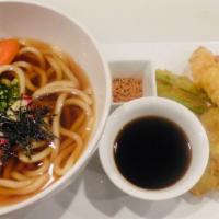 Tempura Udon Soup · Udon noodle soup with shrimp and vegetable tempura.