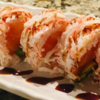Valentine · Fresh salmon, avocado, mango wrapped soy paper, crabmeat, spicy mayo, and eel sauce.