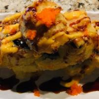 Celebrations · Freshwater eel, avocado, and crabmeat roll, deep fried, topped with masago, spicy mayo, and ...