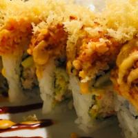 Spicy Crunch · Shrimp tempura, cucumber, avocado, and crabmeat, topped with spicy crabmeat, spicy mayo, eel...
