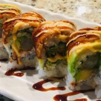 Dragon Fly · Shrimp tempura, cucumber, avocado, and crabmeat, topped with eel, spicy mayo, and eel sauce.