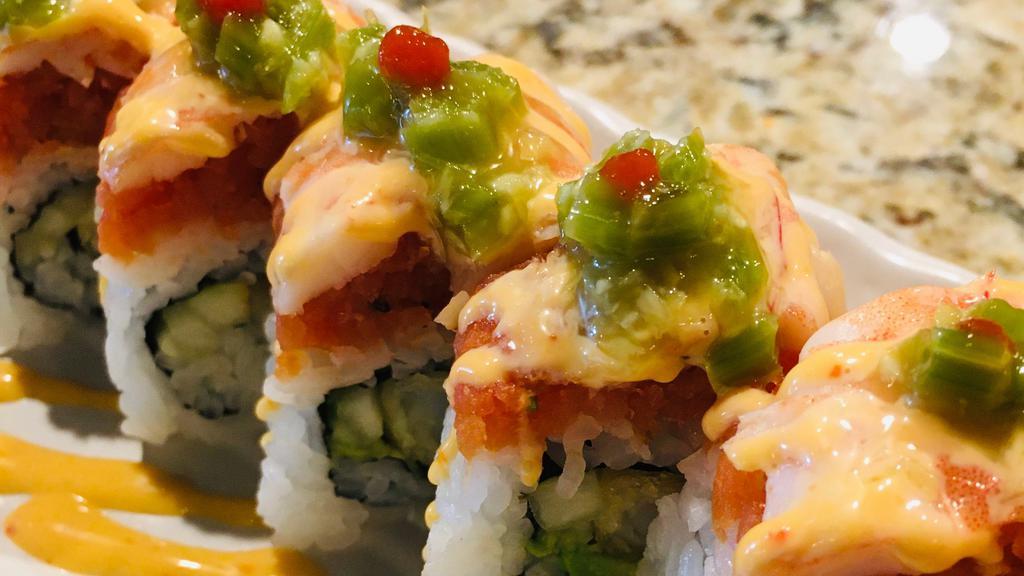 Diablo · Shrimp tempura roll topped with habanero pepper, spicy tuna, eel, avocado and spicy sauce.