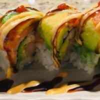 Salmon Heaven  · Shrimp tempura, cucumber, avocado, and a crabmeat, topped with fresh salmon, spicy mayo, eel...