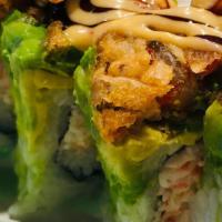 Saint Patrick · Shrimp tempura, crabmeat, and cucumber, topped with avocado, deep fried crawfish, eel sauce ...