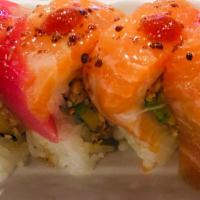 Love At First Sight · Spicy crabmeat, Cream cheese, avocado, topped with tuna, salmon, served with mustard and sri...