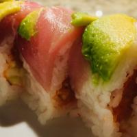 Scorpion · Spicy tuna and cucumber, wrapped in soy paper, topped with tuna, salmon, yellowtail, white t...