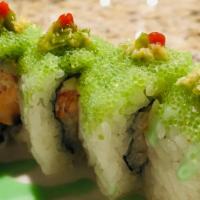 Tears In Heaven · Baked salmon, jalapeno, hot mustard, crabmeat, and cucumber, topped with wasabi sauce, and s...