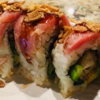 Ninja Assassin · White fish tempura, pickled jalapeño, avocado roll topped with tuna tataki, fried onion, pon...