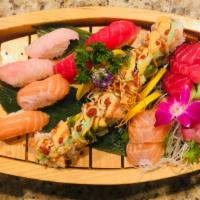Captain'S Boat · Chef's choice of 9 pieces sashimi and 9 pieces sushi served with okey dokey roll, seaweed sa...
