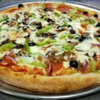 Philly Cheesesteak Pizza · Green peppers, onions, mushrooms, and Philly meat.