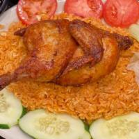 Cornish Hen & Fresh Vegetables Rice Plate · Served with tomato red rice. / Com ga xoi mo.