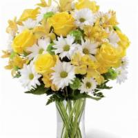 Daisies & Roses Delight (Yellow) - Designers Choice  · Delight her to this undeniably charismatic combination of roses and daisy poms. Brighten her...