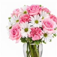 Daisies & Roses Delight (Pink) - Designers Choice · Delight her to this undeniably charismatic combination of roses and daisy poms. Brighten her...