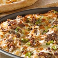 Philly Cheesesteak · Chicken or Beef, mushrooms, mozzarella, bell peppers, onions, and garlic butter.