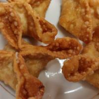 Crab Meat Rangoon (4) · Crab meat with cream cheese wrapped in wonton skin.