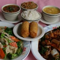 Mei Mei Family Dinner · Two $9.95 entrees  from Regular Entrees Menu;  2 Vegetables Egg Rolls;  2 Soups --- hot & so...