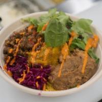 Fez Bowl · Chicken Chermoula, Pickles & Olives, Zaalouk, Pickled Red Onion Cabbage, Greens, confit onio...