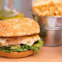 Chicken Sandwich With Fries · Delicious Burger, topped with a golden Chicken tender, a slice of cheese, lettuce, onions, t...
