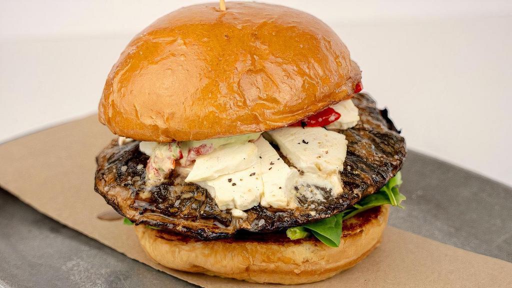 Portobello Mushroom · Goat Cheese, Baby spinach, roasted red peppers, red onion, basil mayo served on a portabello mushroom