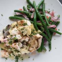 Chicken Marvino · Pan-seared chicken breast topped with gulf coast shrimp, artichoke hearts, and mushrooms in ...