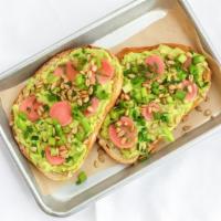 Super Avo Toast · One whole avocado, homemade pickled radish, green onion, chives, toasted sunflower seeds & r...