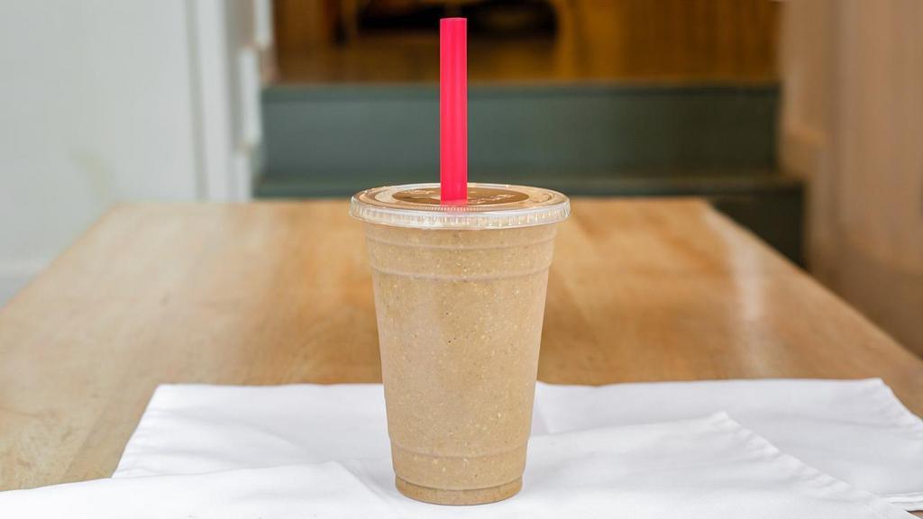 Office Breakfast Smoothie · Banana, oats, cold brew coffee, almond butter, maca, maple syrup, and hemp milk.