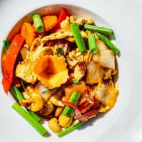 Cashew Nuts · Spicy. Roasted cashew nuts with onion, scallions, red bell pepper, carrot, baby corn with ch...