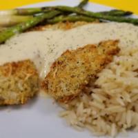 Seared Tilapia · Pan seared Tilapia w/lemon butter sauce served w/rice pilaf, choice of Veggie, and French br...