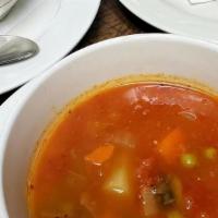 Minestrone Soup · Homemade vegetable soup with sliced pasta