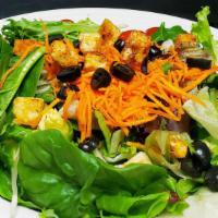 Side House Salad · Mixed greens, carrots, grape tomatoes, olives, house made crutons