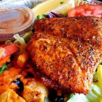Grilled Salmon Salad. · Mixed greens, carrots, grape tomatoes, olives, house made crutons