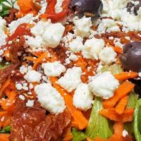 Mediterranean Salad · Mixed greens, carrots, kalamata olives, sun dried tomatoes, roasted red peppers, feta cheese