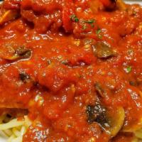 Chicken Cacciatore. · fresh peppers, onions, mushrooms, marinara sauce