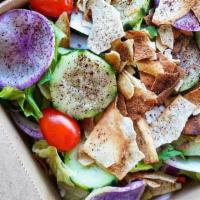 Large Fatoush Salad · Organic greens, carrots, radish, tomato, cucumber, red onion, mint, parsley, baked pita chip...