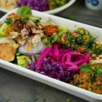 Gf Veggie Bowl · lentils, hummus, quinoa tabouleh, red cabbage, pickled turnips, parsley