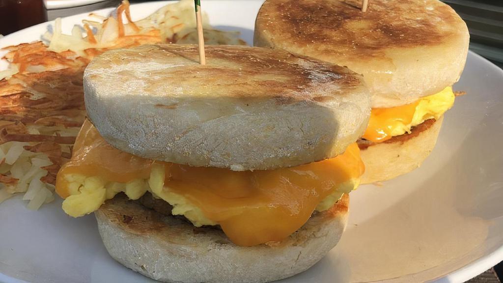 Breakfast Sliders · Two english muffins with scrambled eggs, cheddar cheese,and your choice of bacon, ham, sausage, or chorizo