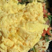 Veggie Skillet · Hashbrowns, cheddar and jack cheeses, two eggs, mushrooms, bell peppers, spinach, onion, tom...