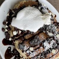 Oreo Smores Pancakes · Marshmallow Spread, Oreo Cookie Crumbles, White & Dark Chocolate Chips, Chocolate Anglaise