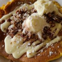 Pumpkin Pancakes · Cream Cheese Icing, Candied Pecans topped with Cinnamon Sugar, Butter & Whipped Cream