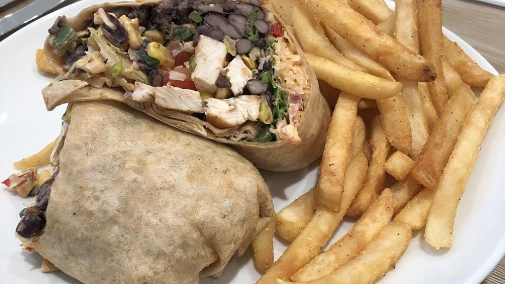 Southwest Veggie Wrap · Pepper jack cheese, bell peppers, avocado, corn, scallions, black beans and chipotle ranch in a wheat tortilla