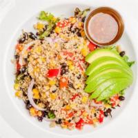 Southwestern Quinoa Salad · Mixed lettuce with gluten-free quinoa, corn, black beans, diced onions, red bell peppers, av...