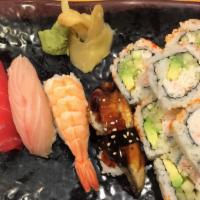 Sushi & Roll Combo B · 5 pcs sushi, tuna, salmon, yellowtail, shrimp, eel and 1 roll, choice of California or tuna ...