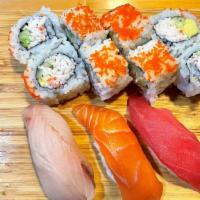 Sushi & Roll Combo A · 3 pcs sushi, tuna, salmon, yellowtail and 1 roll, choice of California or tuna roll
